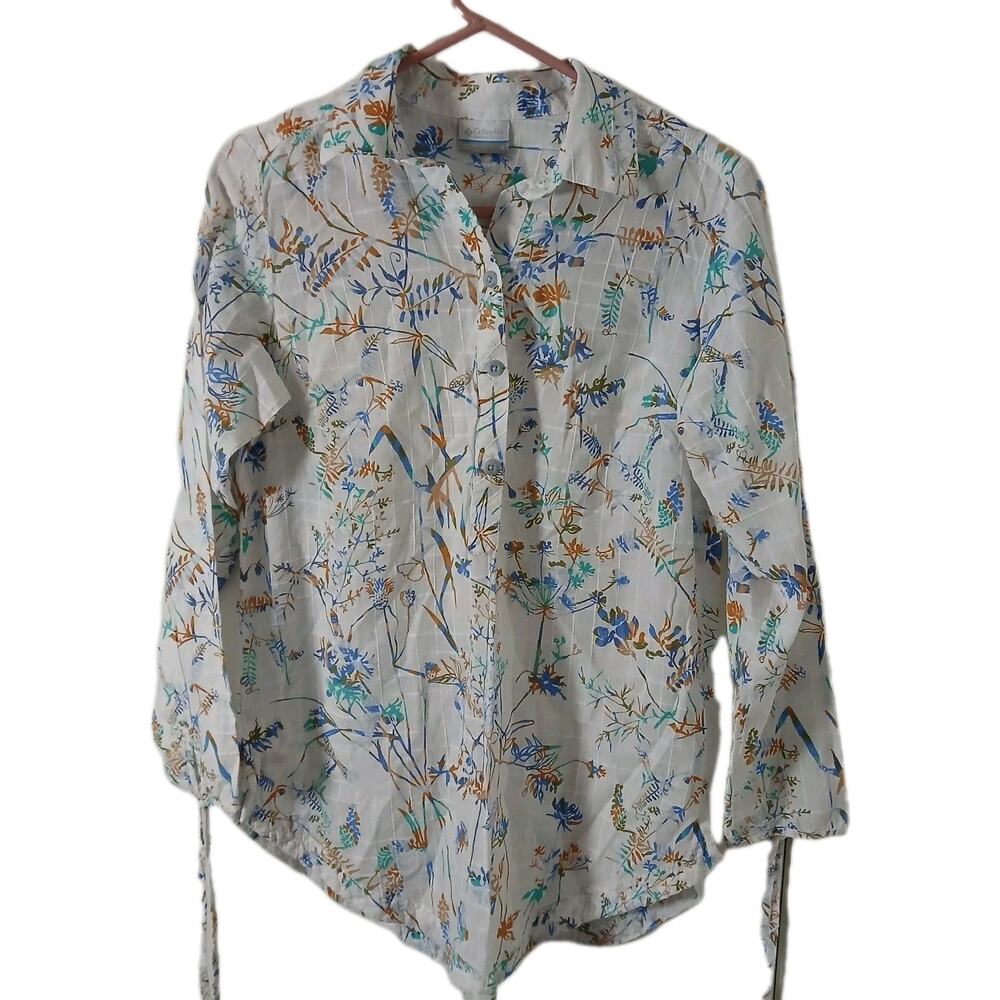Columbia Women's Small Camp Henry II Tunic Floral Button Front Tie Sleeve Cotton